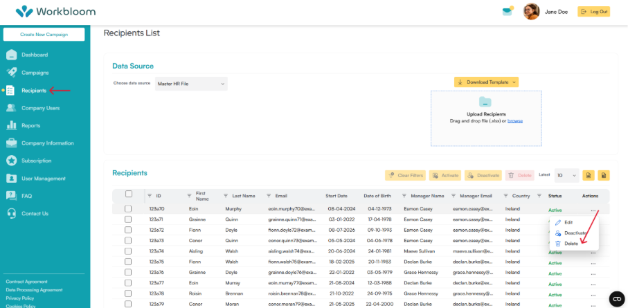 Recipients List page with a red arrow pointing to Recipients in the sidebar, and a red arrow pointing to the Delete option in an open Actions menu for a recipient