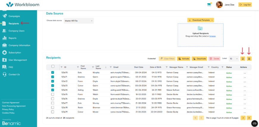 Recipients page with a red arrow pointing to Recipients in the sidebar, and two red arrows pointing to the export icon buttons above the recipients table
