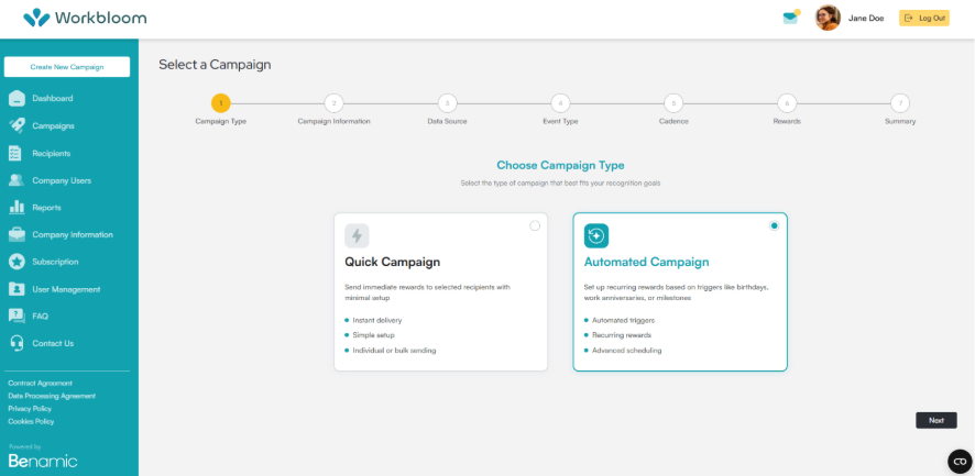 Select a Campaign flow on step 1 of 7, Campaign Type, showing two options: Quick Campaign and Automated Campaign