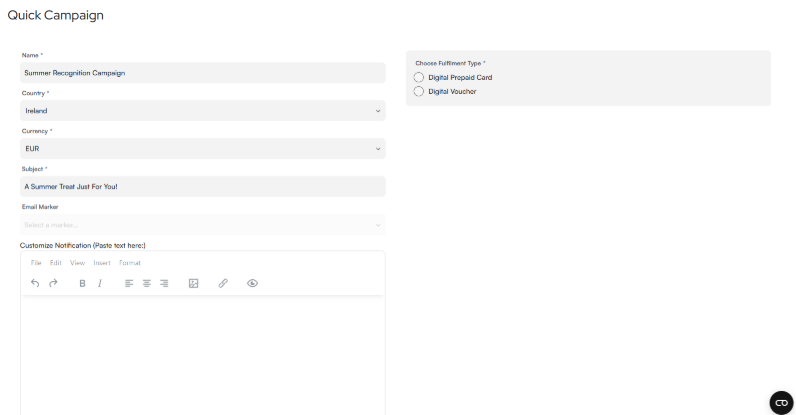 Workbloom Quick Campaign setup form
