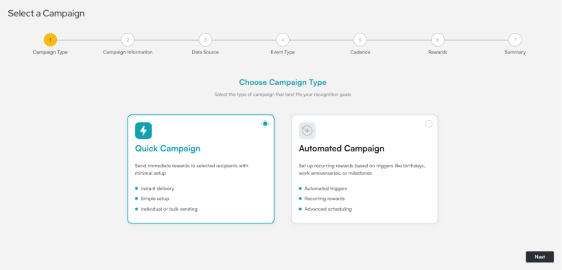 Select a Campaign flow on step 1 of 7, Campaign Type, showing two options: Quick Campaign, currently selected, and Automated Campaign