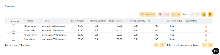 Rewards table showing four uploaded recipients on Workbloom