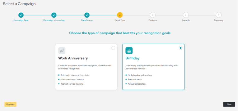 Select a Campaign flow on step 4 of 7, Event Type, showing two options: Work Anniversary and Birthday