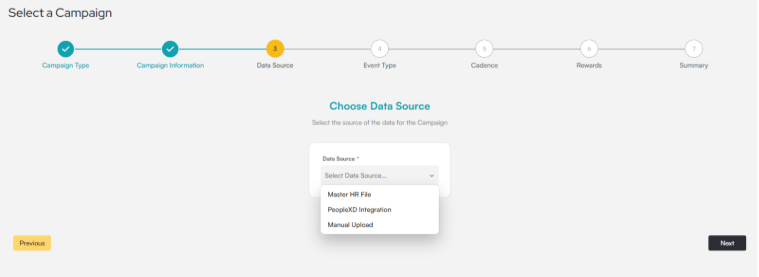 Select a Campaign flow on step 3 of 7, Data Source, with an open Data Source dropdown showing three options: Master HR File, PeopleXD Integration, and Manual Upload