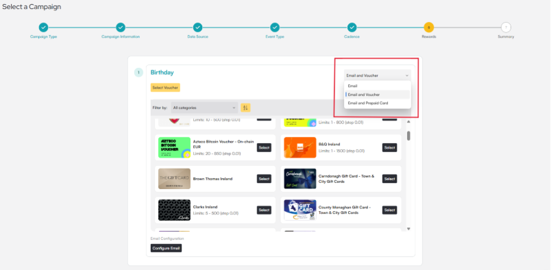 Select a Campaign wizard on step 6 of 7, Rewards with three options: Email, Email and Voucher, Email and Prepaid Card