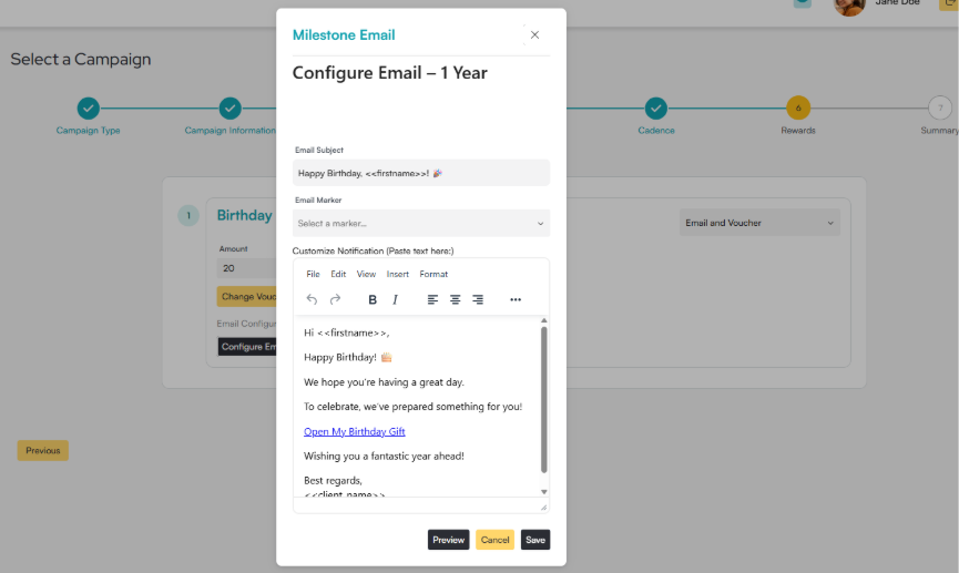 Workbloom Milestone Email dialog