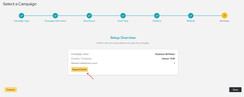 Select a Campaign flow on step 7 of 7, Summary, with a Setup Overview and Expand Details button
