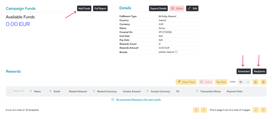 Campaign page with Campaign Funds and Details panels, a red arrow pointing to the Add Funds button, and two red arrows pointing to Scheduled and Recipients view toggles above the Rewards table