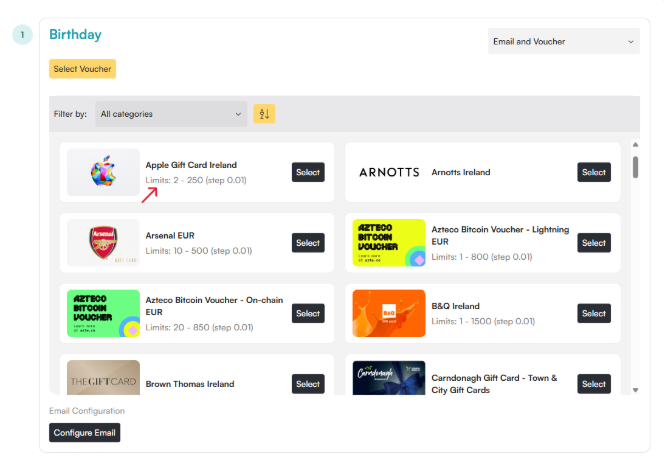Workbloom reward selection screen with a red arrow showing reward limits, above a scrollable list of other voucher and gift card options
