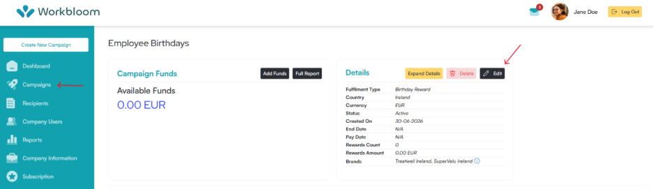 Workbloom Campaign page with a red arrow pointing to Campaigns in the sidebar, and a red arrow pointing to the Edit button in the Details panel