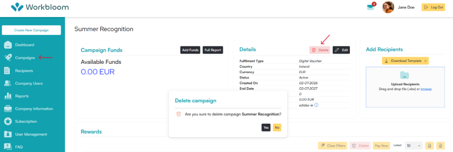 Workbloom campaign page with a red arrow pointing to Campaigns in the sidebar and a red arrow pointing to the Delete button in the Details panel and a Delete campaign confirmation dialog