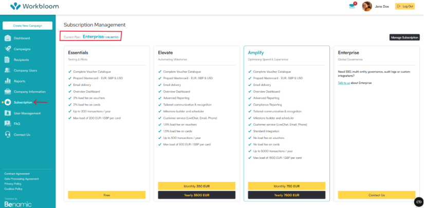 Subscription Management page with a red arrow pointing to Subscription in the sidebar, and a red box around Current Plan