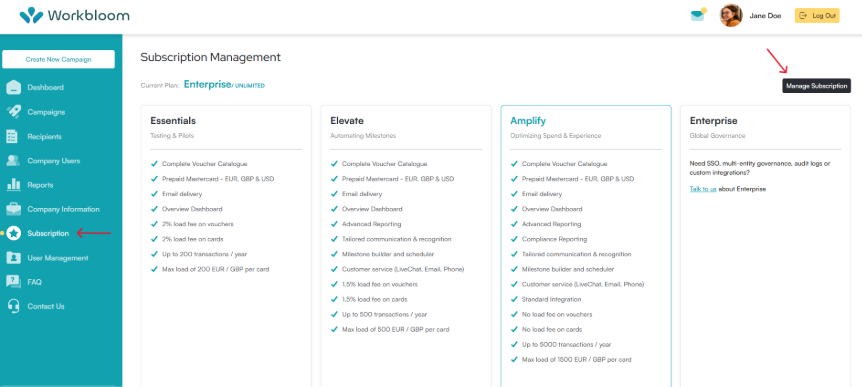 Subscription Management page with a red arrow pointing to Subscription in the sidebar and a red arrow pointing to the Manage Subscription button