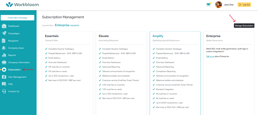 Subscription Management page with a red arrow pointing to Subscription in the sidebar and a red arrow pointing to the Manage Subscription button