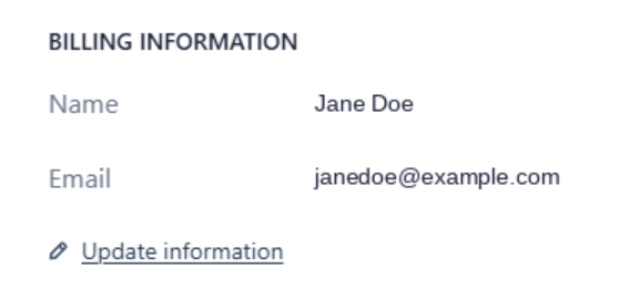 Billing Information section with Name and Email fields, and an Update information link