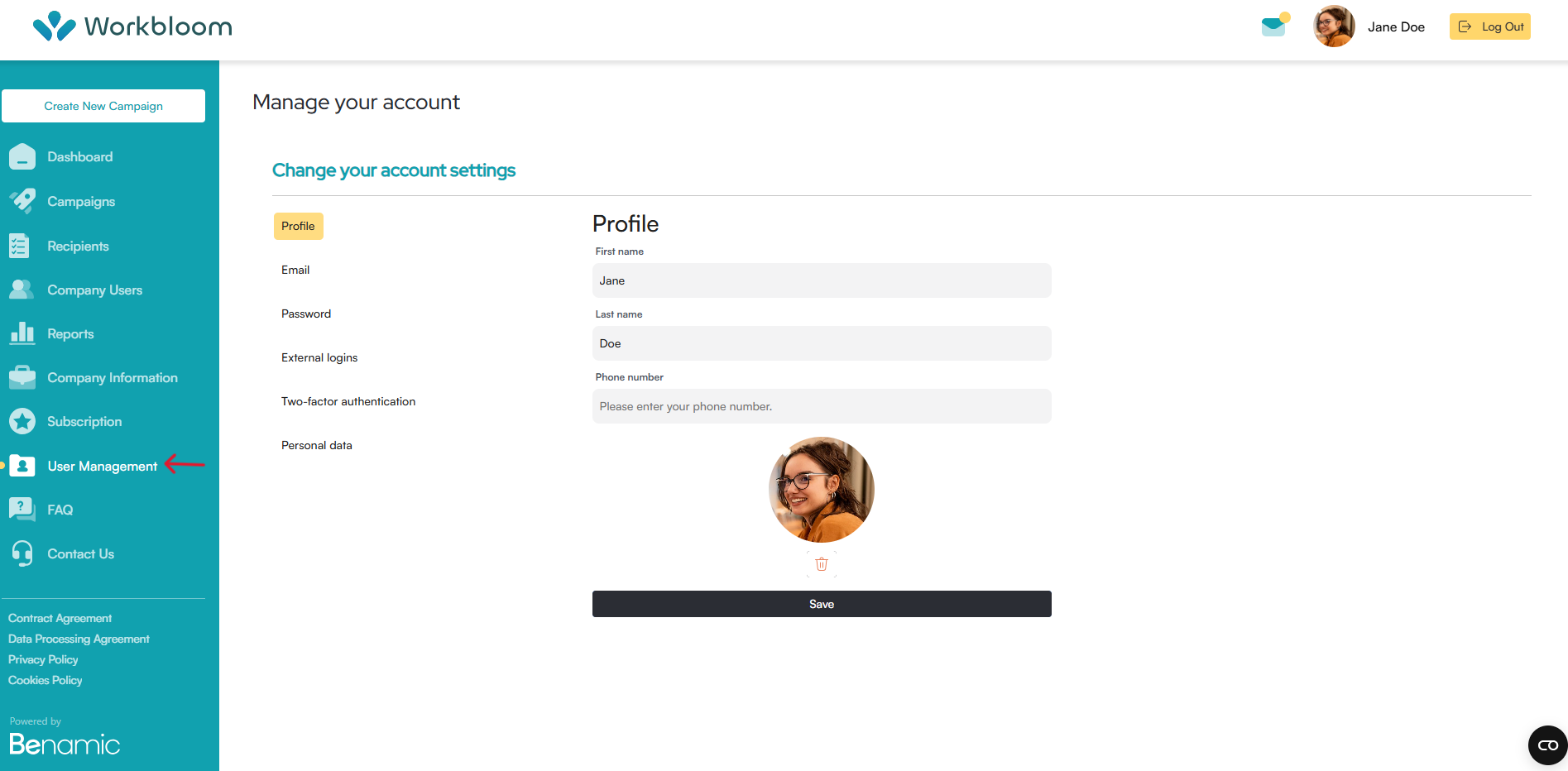 Manage your account page with a red arrow pointing to User Management in the sidebar, showing the Profile tab