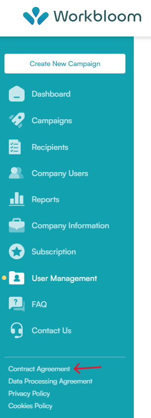 Workbloom sidebar with a red arrow pointing to the Contract Agreement link in the footer