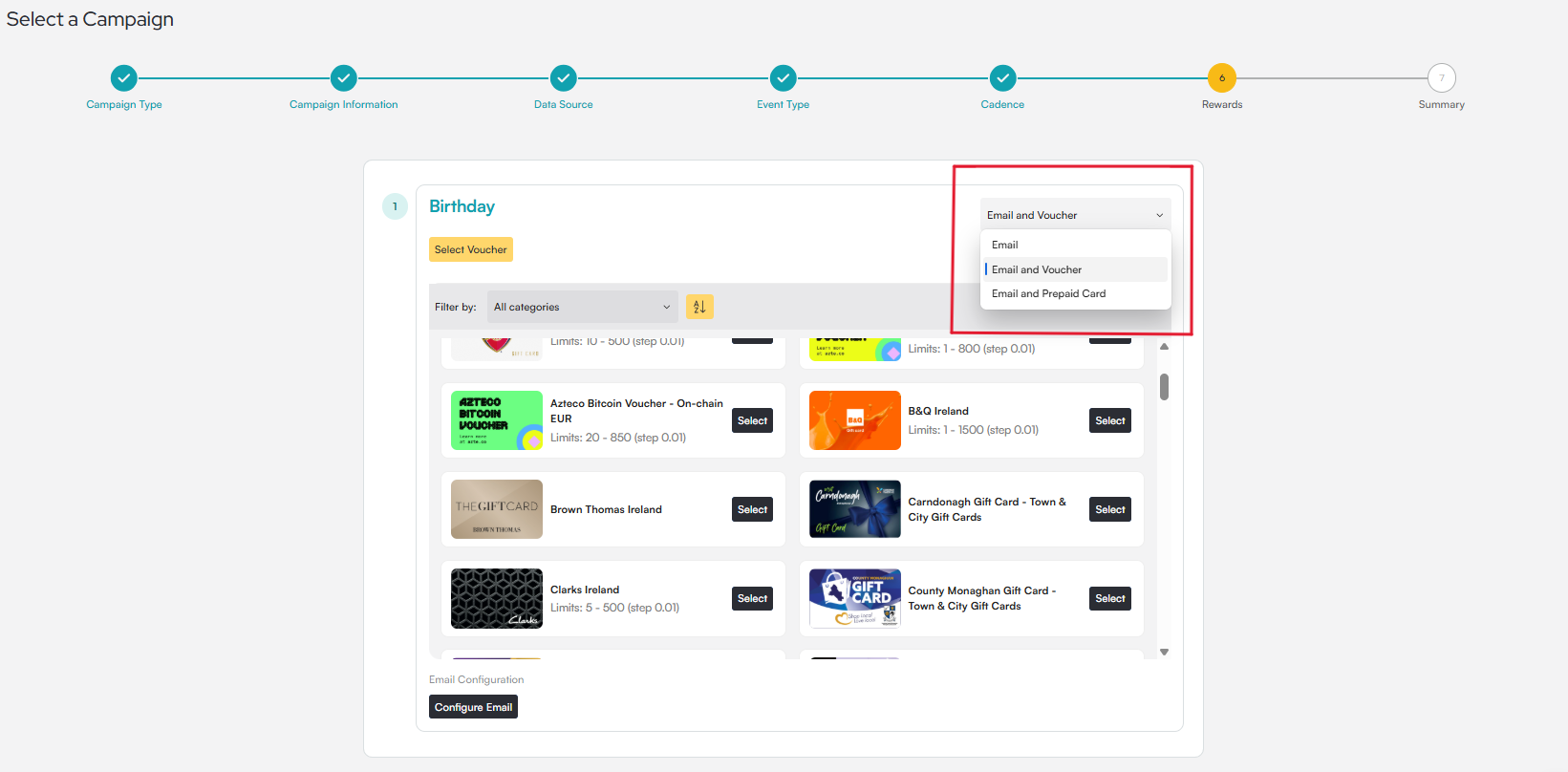 Select a Campaign flow on step 6 of 7, Rewards, with a red box around an open dropdown set to Email and Voucher and a list of available vouchers
