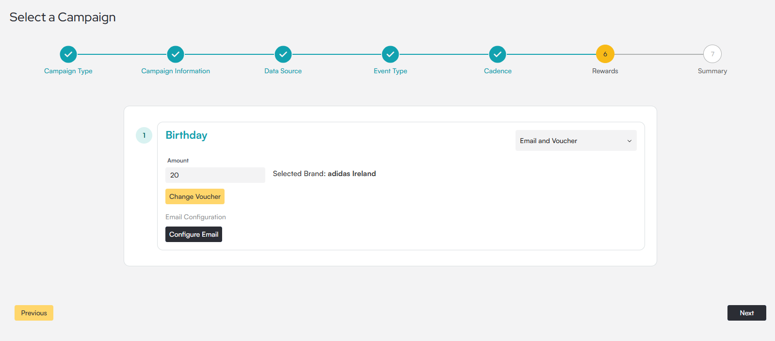 Select a Campaign flow on step 6 of 7, Rewards, set to Email and Voucher, with an Amount field