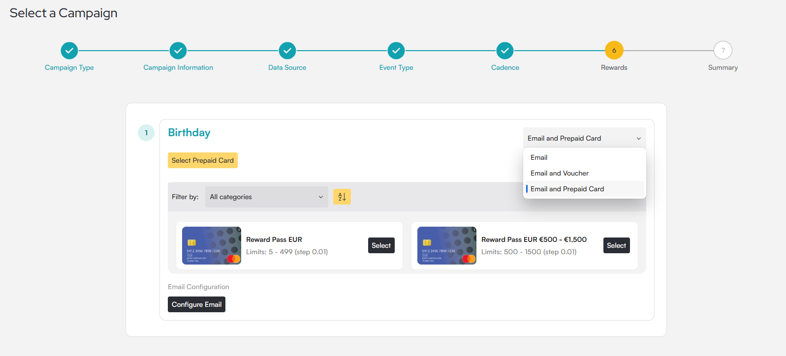 Select a Campaign flow on step 6 of 7, Rewards, with an open dropdown set to Email and Prepaid Card, showing prepaid card options