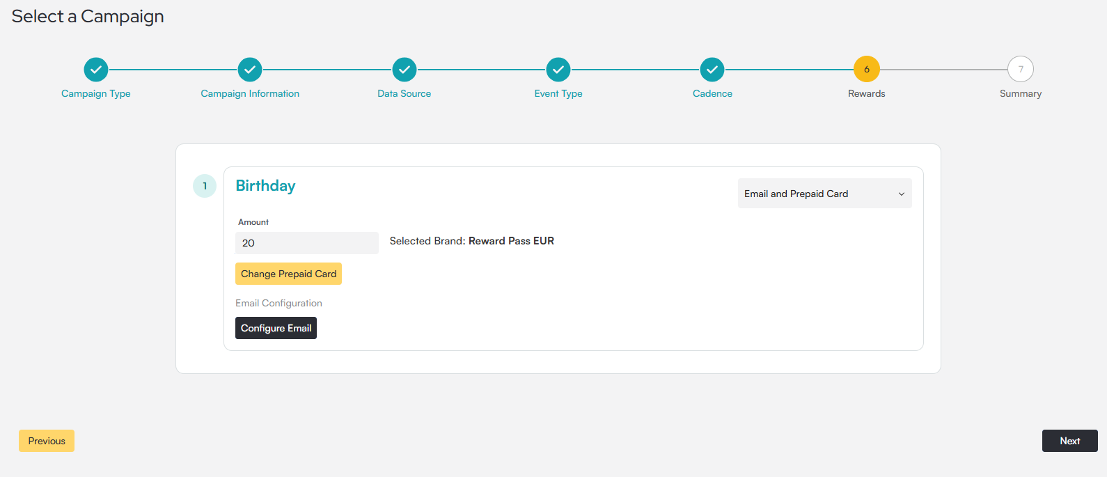 Select a Campaign flow on step 6 of 7, Rewards, set to Email and Prepaid Card, with an Amount field