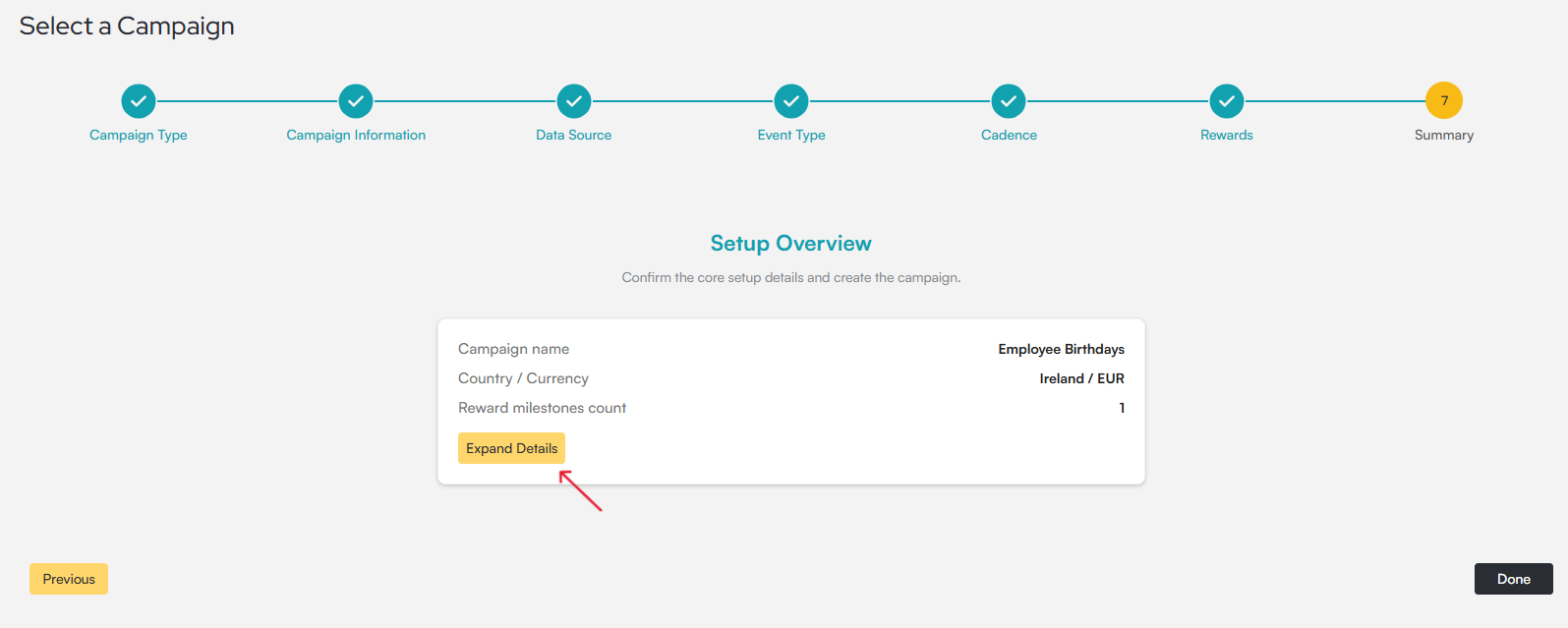 Select a Campaign flow on step 7 of 7, Summary, with a Setup Overview