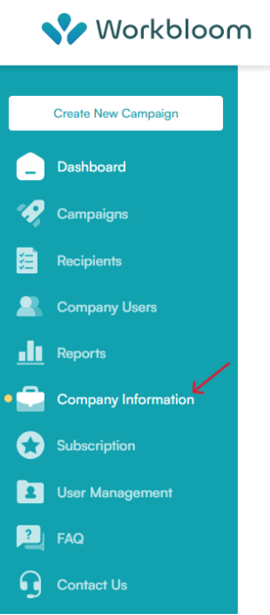 Workbloom sidebar with a red arrow pointing to Company Information