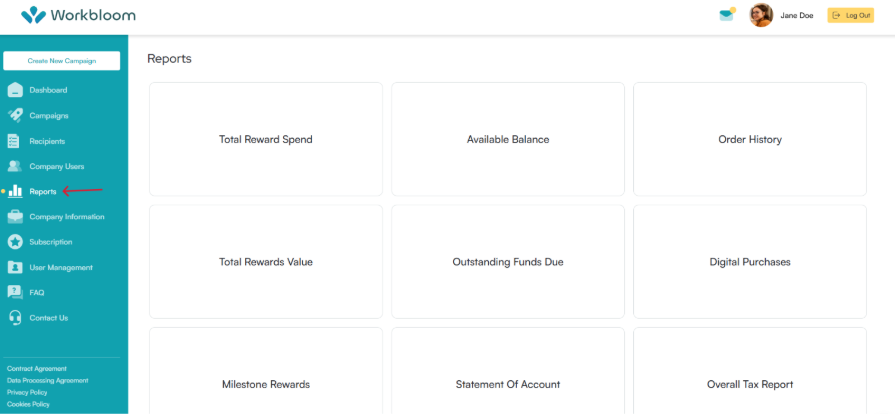 Reports page with a red arrow pointing to Reports in the sidebar