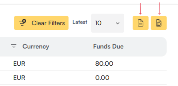 Report table toolbar with two red arrows pointing to two export buttons