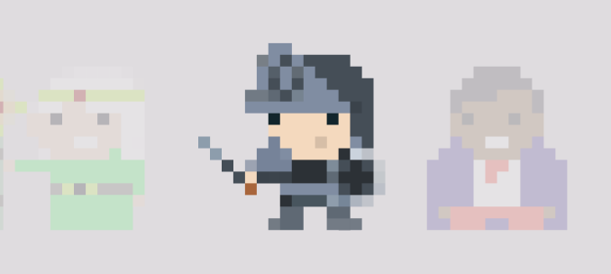 Pixel art characters, center one is a knight in armor holding a sword and shield.