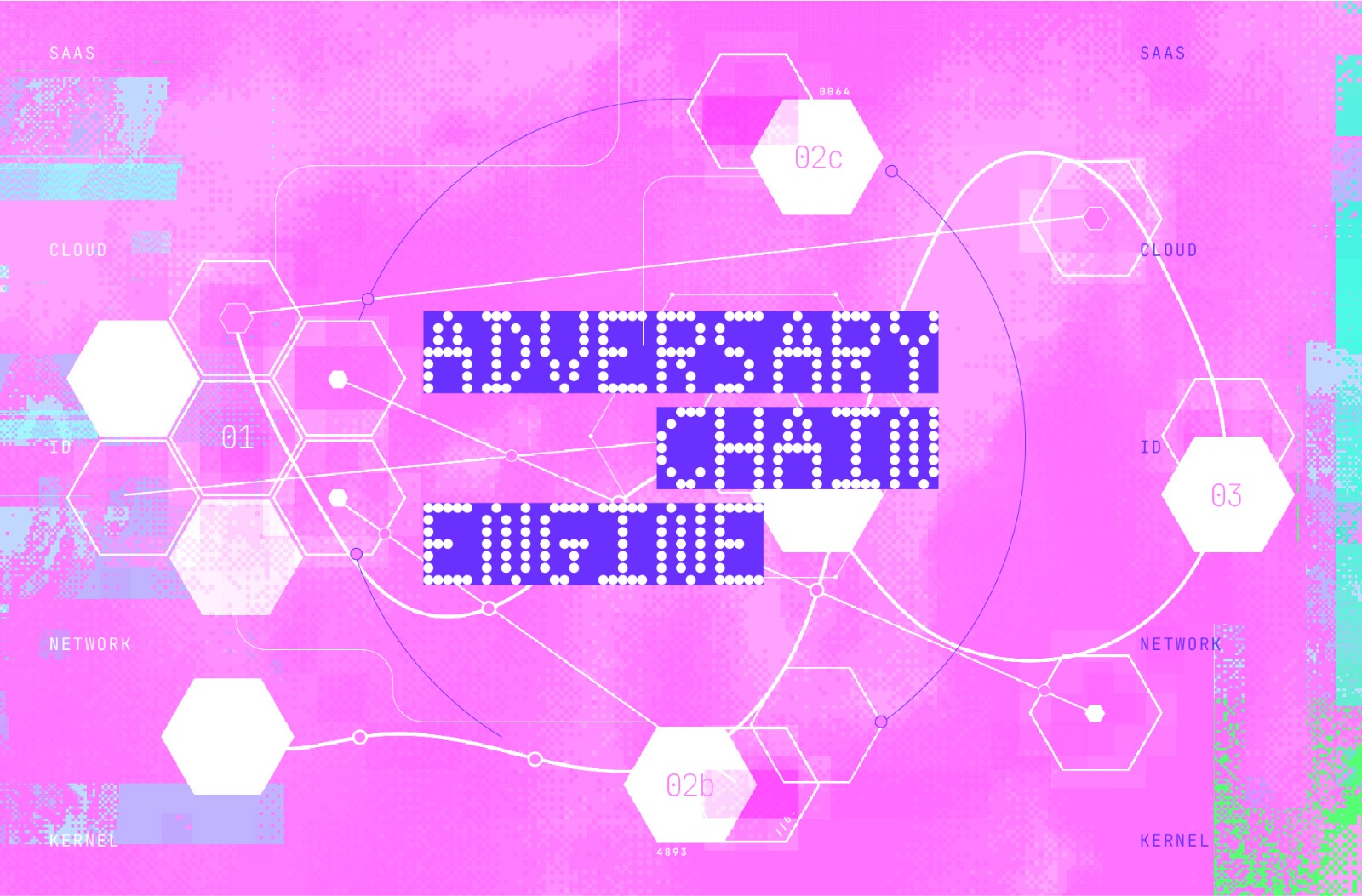 White outlined and filled hexagons connected by curved lines on a pink textured background.