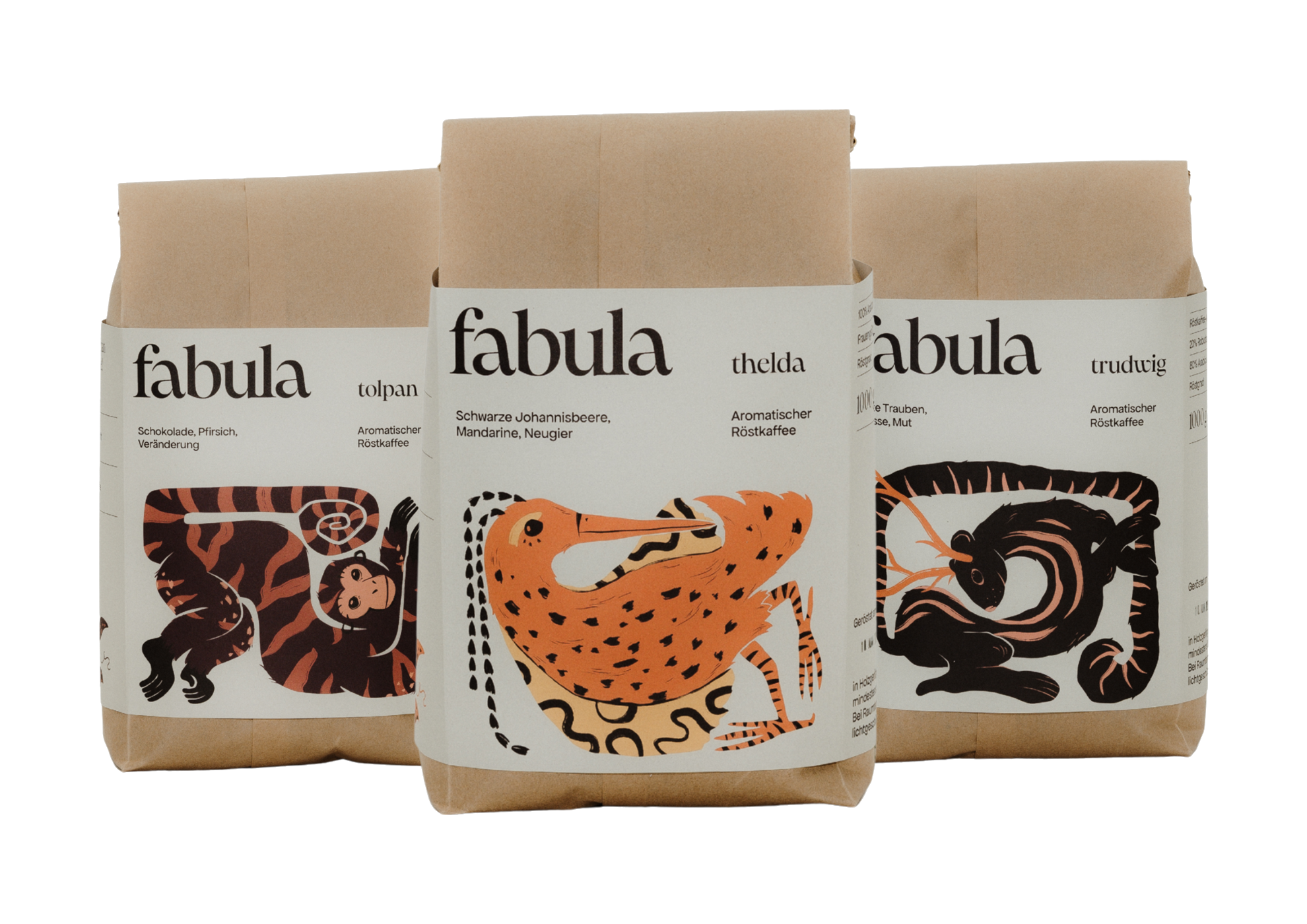 Three Fabula brand coffee bags with animal illustrations: a curled monkey on tolpan, an orange bird on thelda, and a coiled animal on truduig.