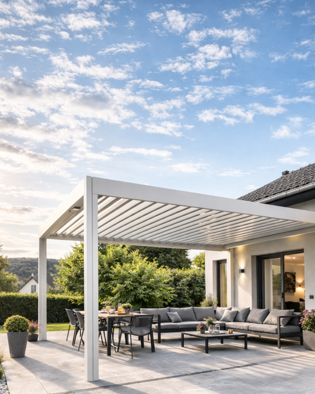 Pergola bioclimatique sur terrasse installée à Annecy par MD Rénov’, aménagement extérieur en Haute-Savoie et Savoie.