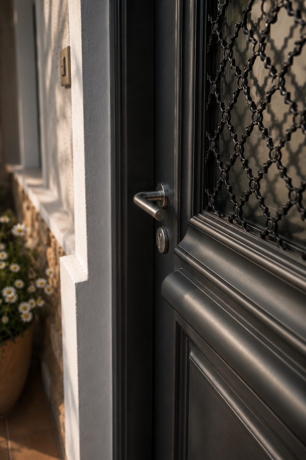 Pose d’une porte d’entrée aluminium sur mesure avec grille décorative ouvragée