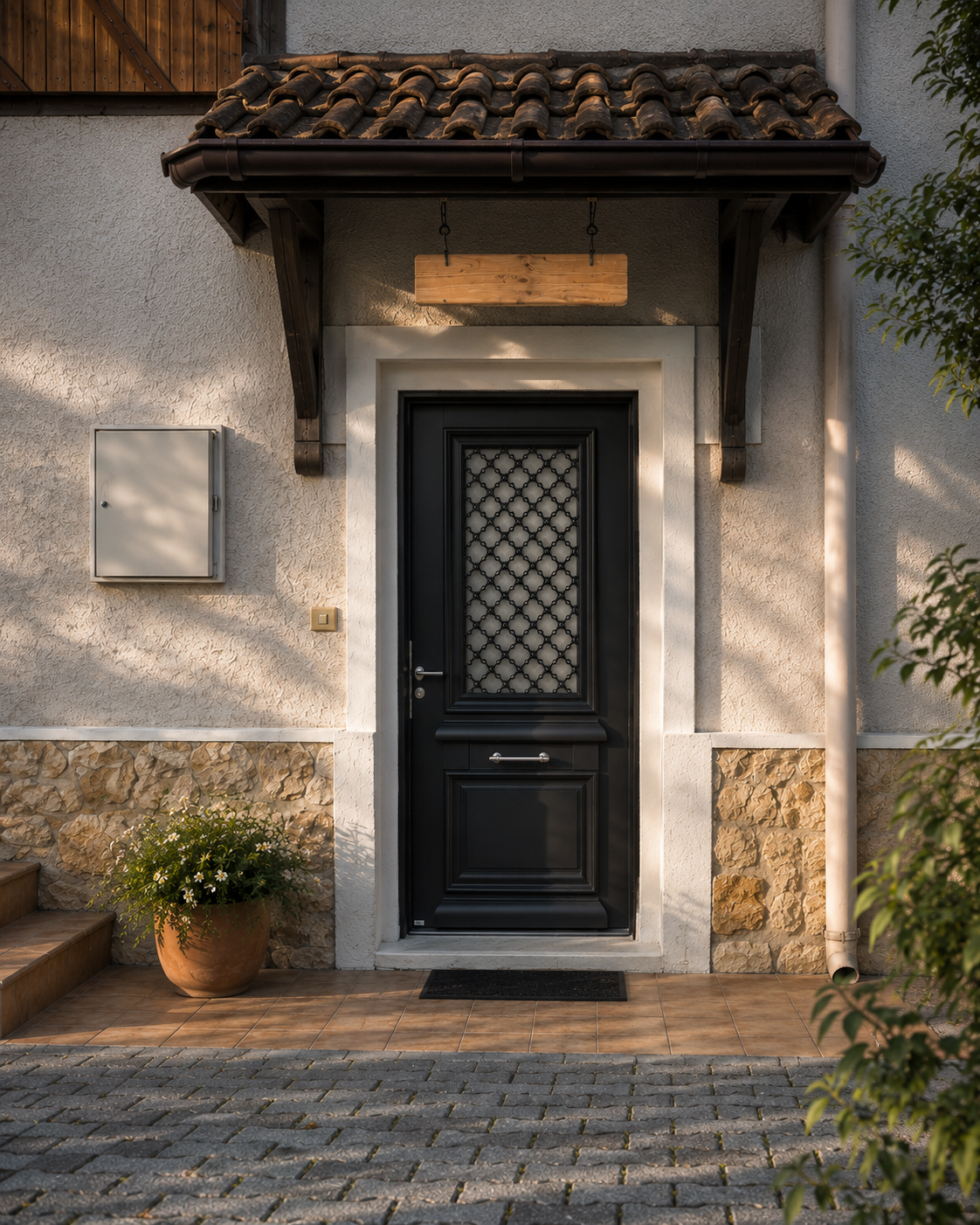 Porte d’entrée aluminium gris anthracite posée en rénovation sur maison traditionnelle