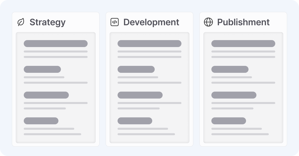 Illustration of a Webflow project workflow divided into Strategy, Development, and Publishment phases