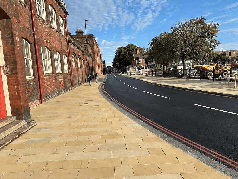 newly laid path and tarmacked road by lcs in stoke city centre  