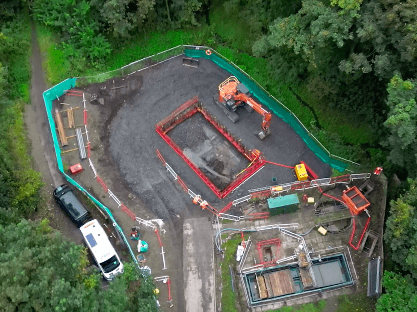 overhead drone shot of the whitegate wwtw site