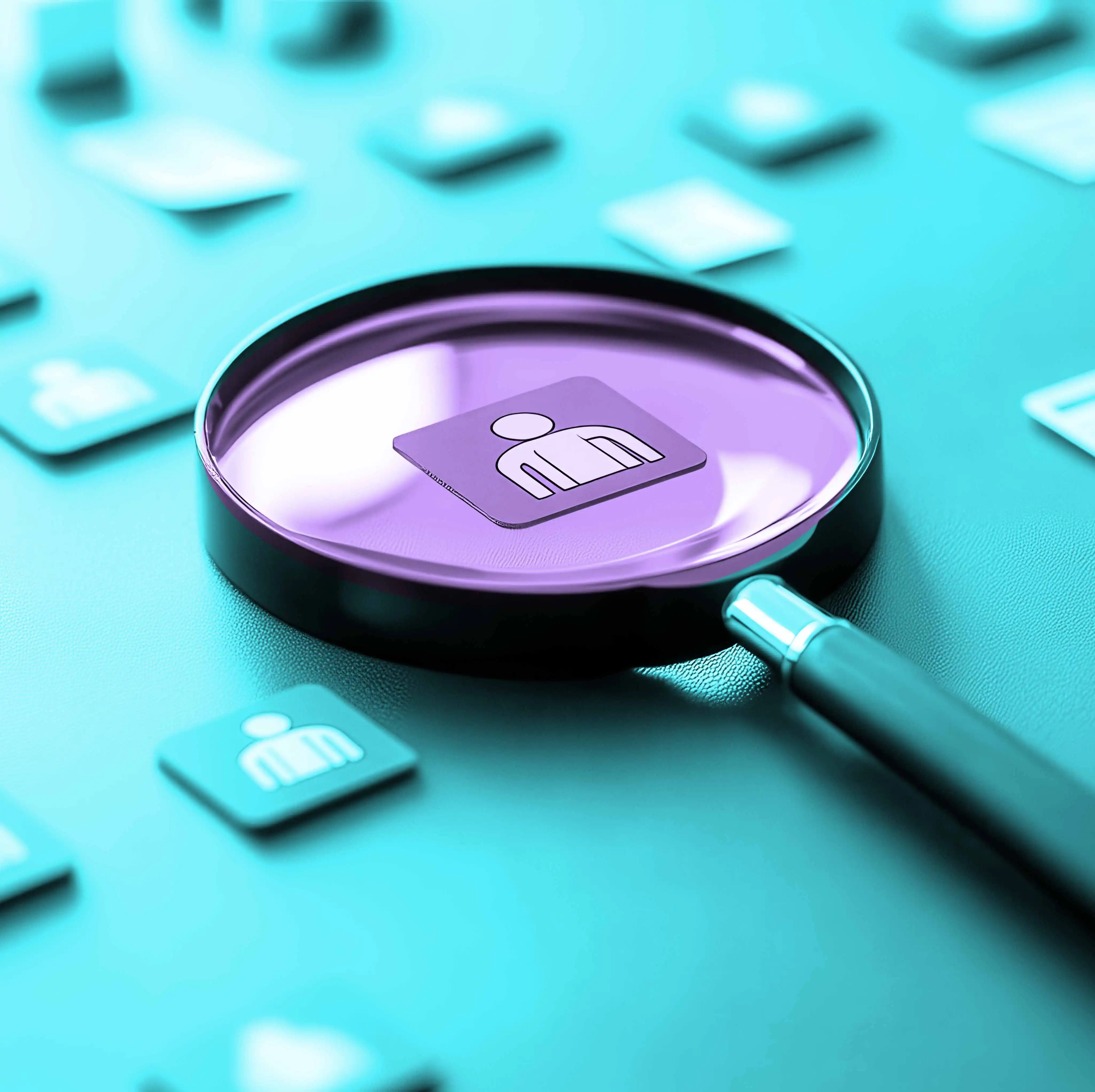 The image gives a strong impression of searching for, selecting, or focusing on a specific individual within a large group, suggesting themes related to recruitment, human resources, data analysis, or social media. The color palette contributes to a clean, modern, and slightly futuristic feel.