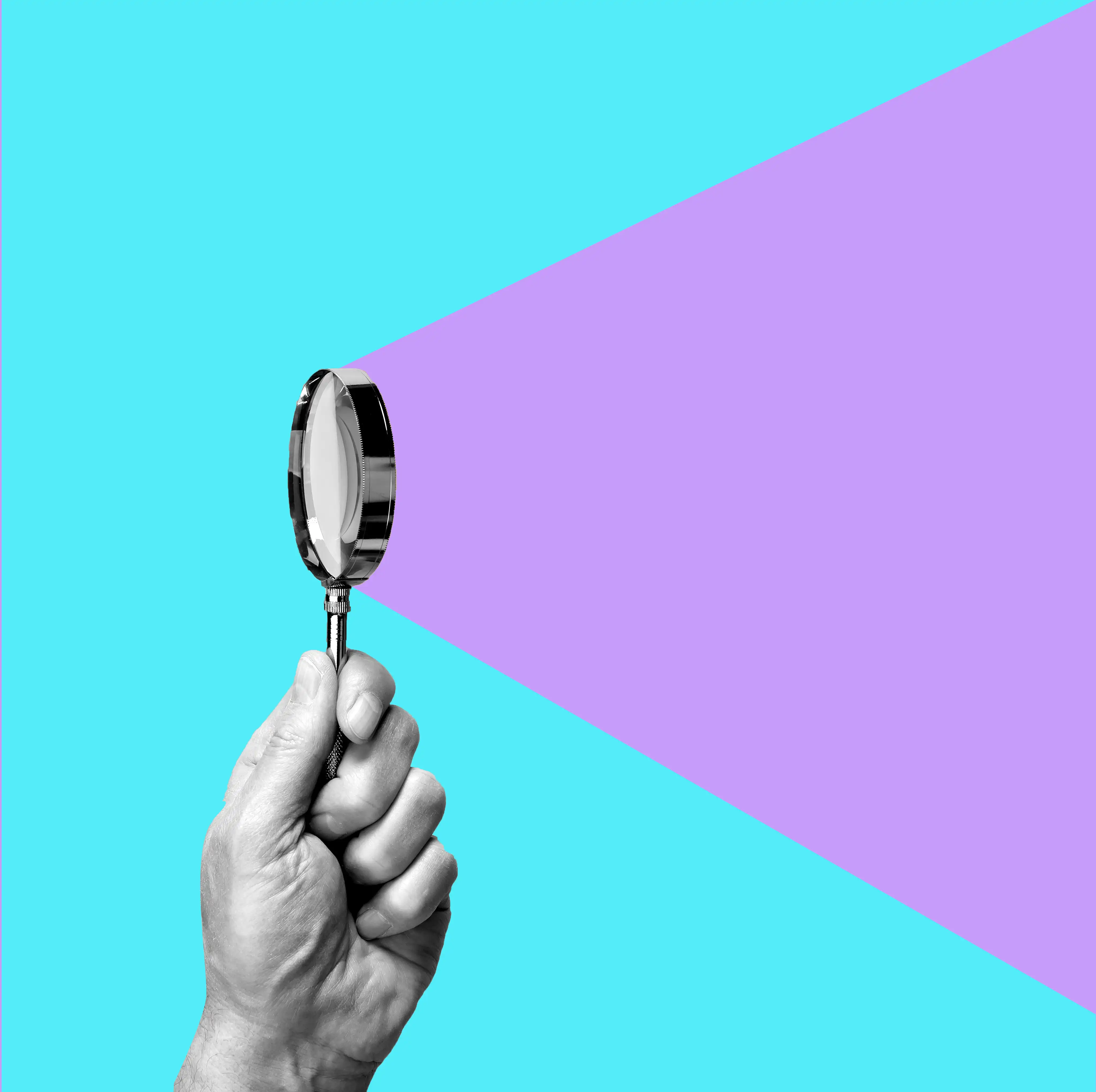 A hand holding a magnifying glass is depicted against a backdrop of contrasting teal and lavender colors, creating a vibrant and modern visual.