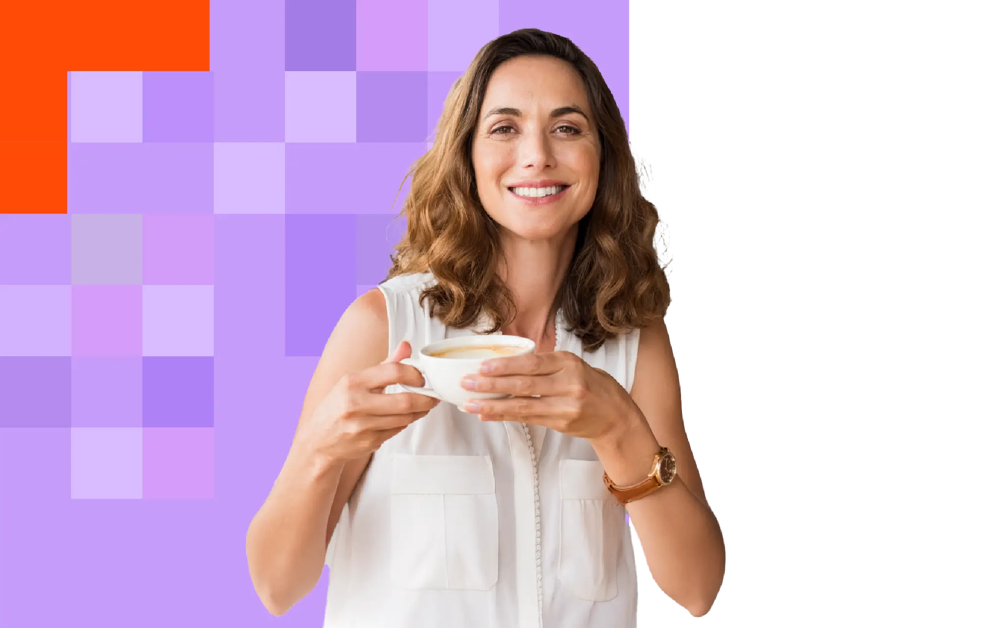 A woman is holding a cup of coffee with a smile on her face. She is dressed in a stylish outfit, showcasing her finger as she grips the cup. The image captures her as a cheerful female person enjoying her beverage.