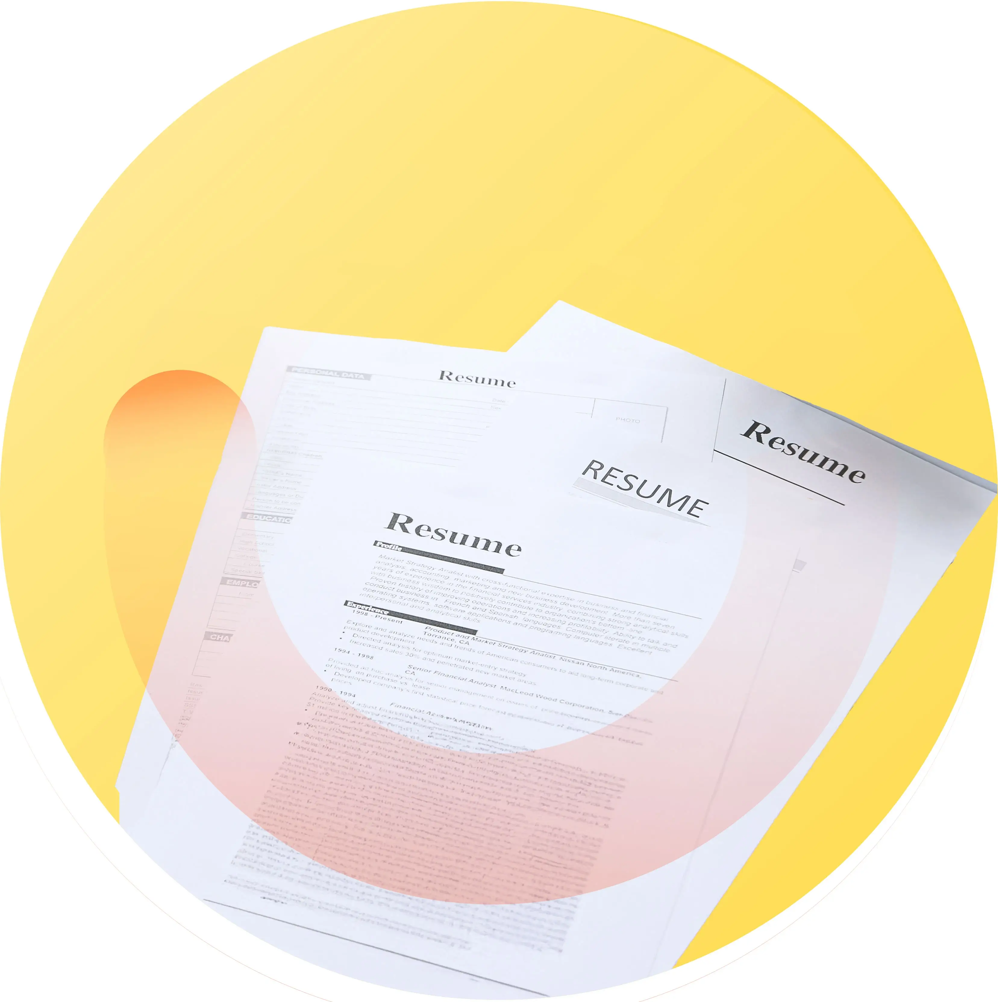 The image features a close-up of a resume. It prominently displays the word "Resume" multiple times, suggesting it's a focus on the document itself. The background appears to be paper, emphasizing its physical form as a printed text.