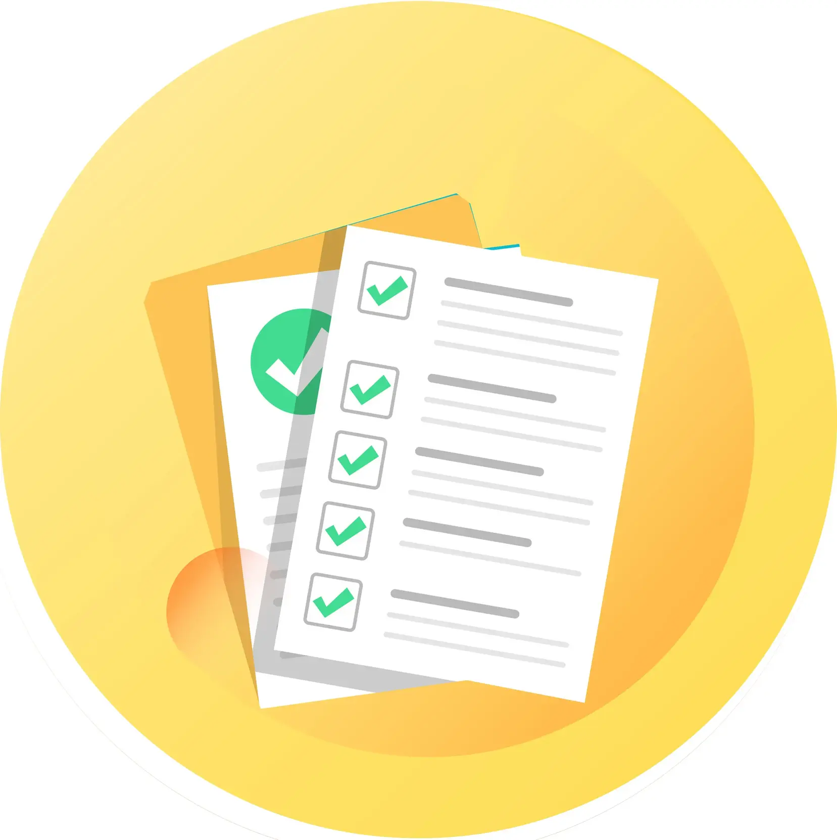 Illustration of documents with checklists, each item marked with a green check mark, placed on top of a yellow circular background.