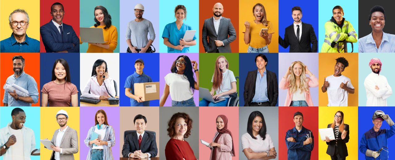 The image features a collage of people posing for the camera, showcasing a variety of clothing styles and expressions. The individuals include both men and women, each wearing distinct attire that reflects their personal style. Many are smiling, creating a cheerful and vibrant atmosphere.