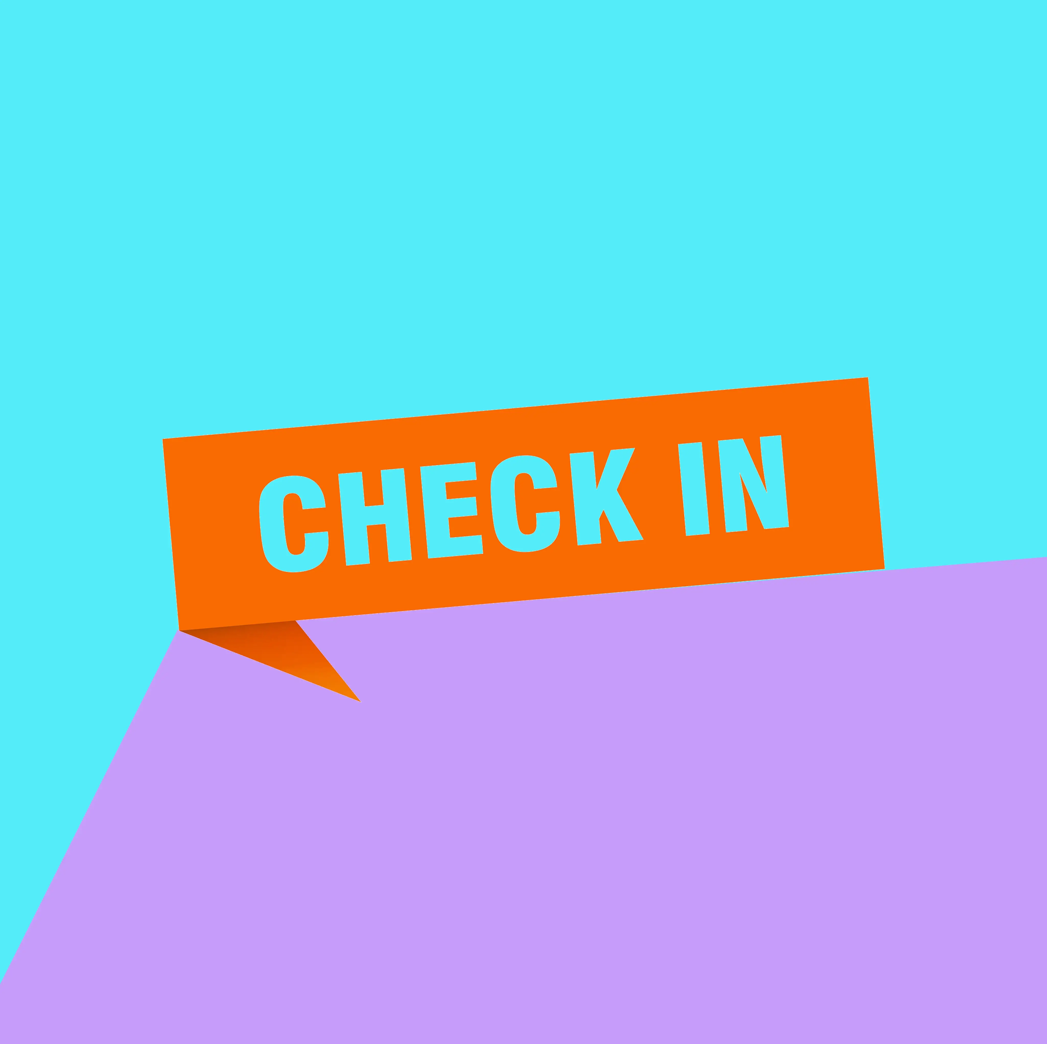 The image features a purple and orange sign that clearly displays the text "CHECK IN." The design emphasizes bold colors and graphics, highlighting an engaging font. This visual could be part of a logo or signage related to a location or event.