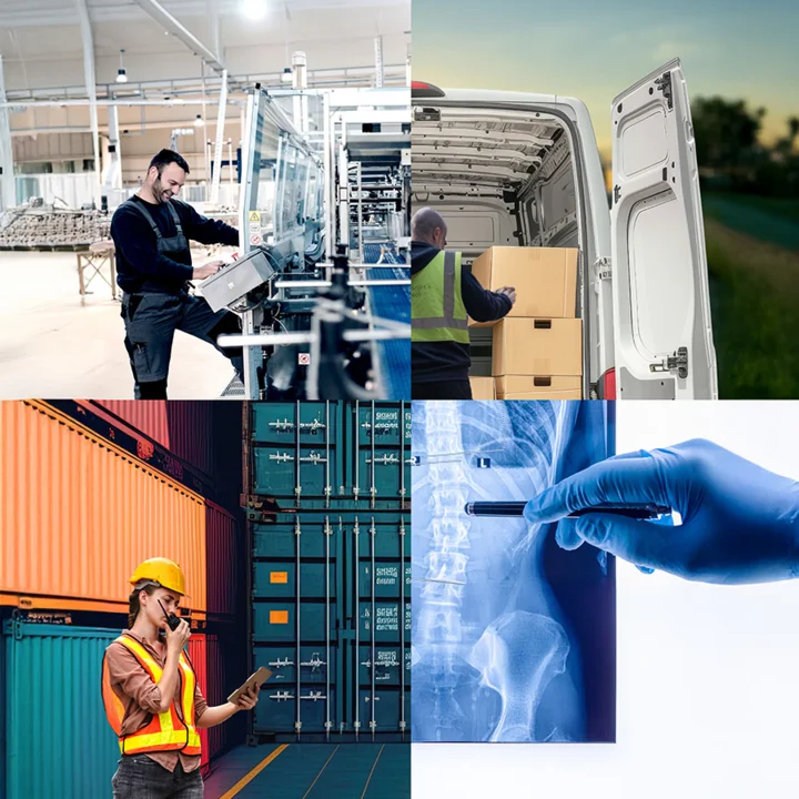 This image represents four key industries that keep the world moving. In the top left, a worker operates advanced machinery in a modern factory, highlighting the importance of manufacturing and industrial production. To the right, a delivery professional loads boxes into a van, symbolizing the critical role of logistics and distribution in getting goods where they need to go. On the bottom left, a safety-vested worker stands among towering shipping containers, emphasizing the strength of construction, freight, and supply chain management in supporting global trade. Finally, on the bottom right, a medical professional examines an X-ray, reflecting the precision and care of the healthcare industry. Together, these images showcase the broad spectrum of industries—from building and moving goods to safeguarding health—that drive progress and impact our daily lives. Each plays a vital role in creating solutions, delivering value, and ensuring communities thrive.