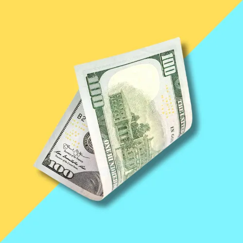 The image features a $100 bill placed against a blue and yellow background. 