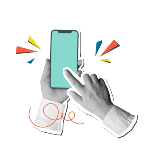 A graphic-style image showing two hands holding a smartphone. One hand is tapping the phone screen. Around the phone, there are colorful geometric shapes (red, yellow, blue) emphasizing action, giving it a modern, playful, and digital feel.