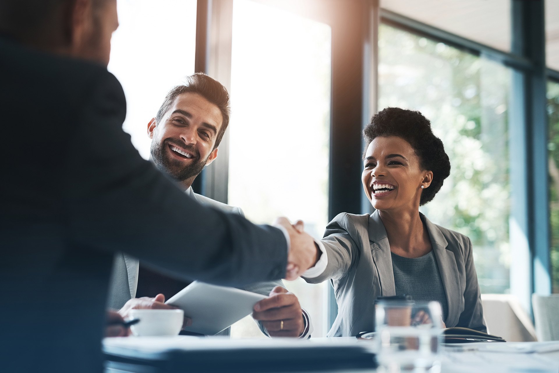 Two businesspeople smiling and shaking hands across a table in a bright office setting.