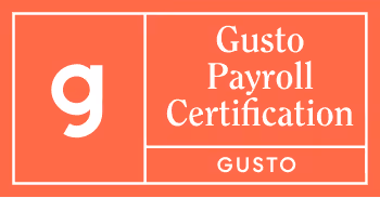 Gusto Payroll Certification logo in white and coral colors